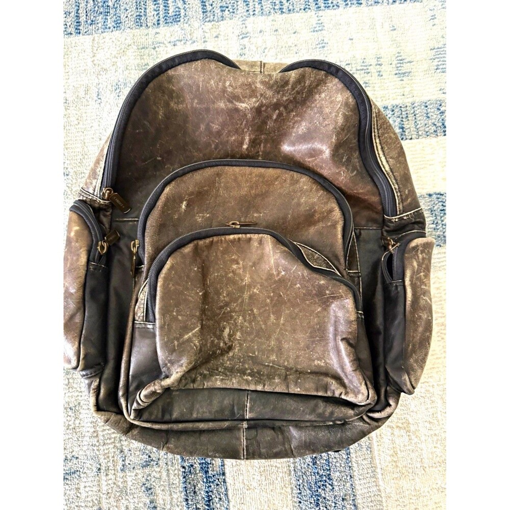 Cortez 100% Genuine Leather Backpack Distressed Black Brown Multi Pocket